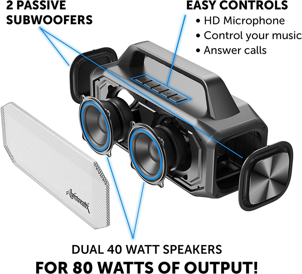 Refurbished 80W (100W Max) Waterproof IPX6 Bluetooth® Wireless Speaker with TWS, NFC, TF & Flash Card, Equalizer & Subwoofer (AX600)- Like New